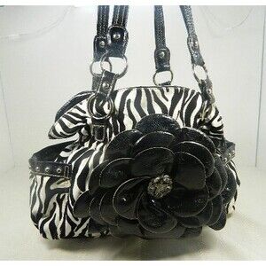 Zebra Print Purse w/Faux Leather Flower w/Rhinestones Black & White Stripes